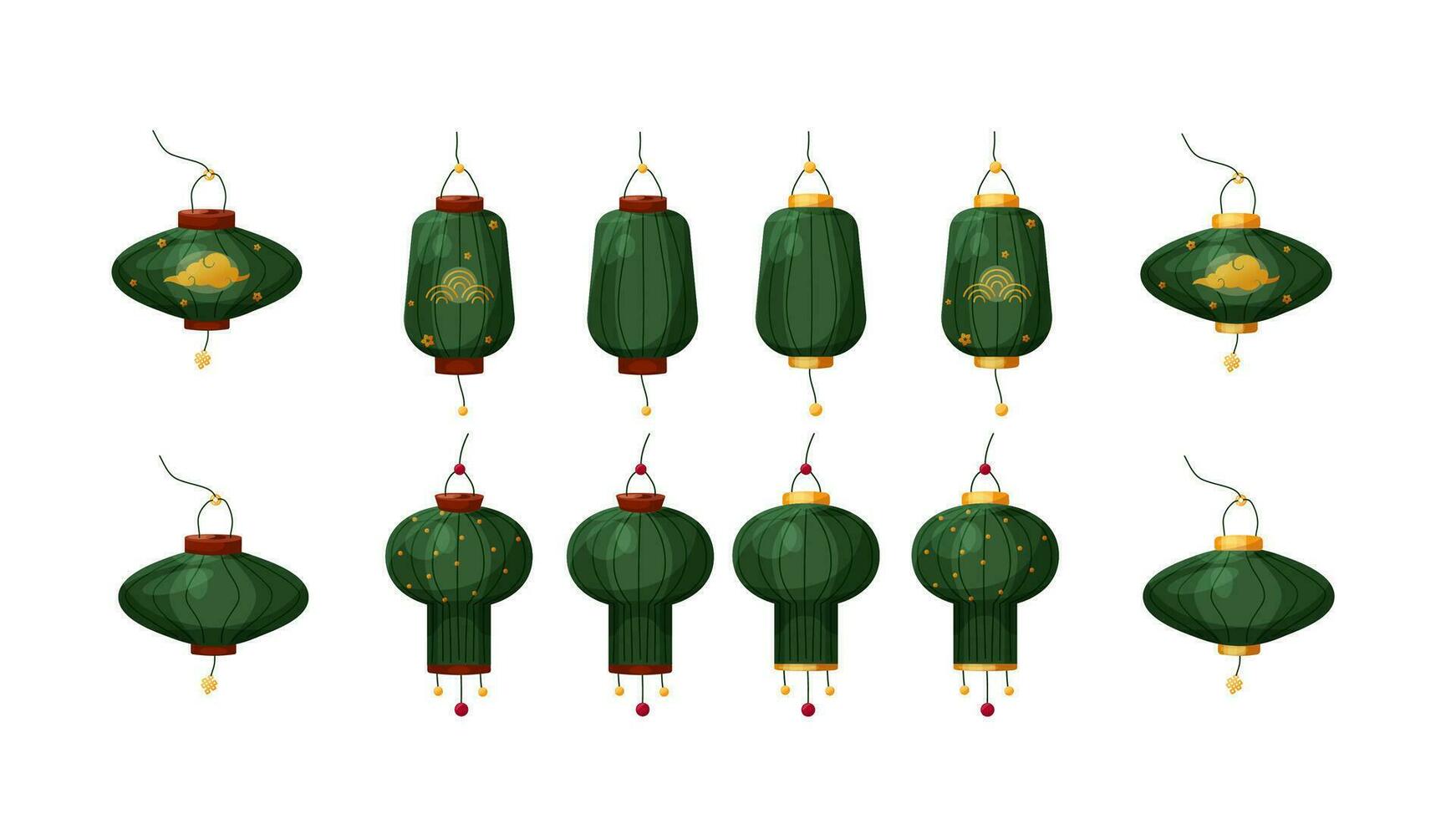 vector reeks van groen Chinese lantaarns met en zonder ornamenten. symbool van Chinese nieuw jaar, midden herfst festival en lantaarn festival. tekenfilm stijl illustraties voor composities en kaarten
