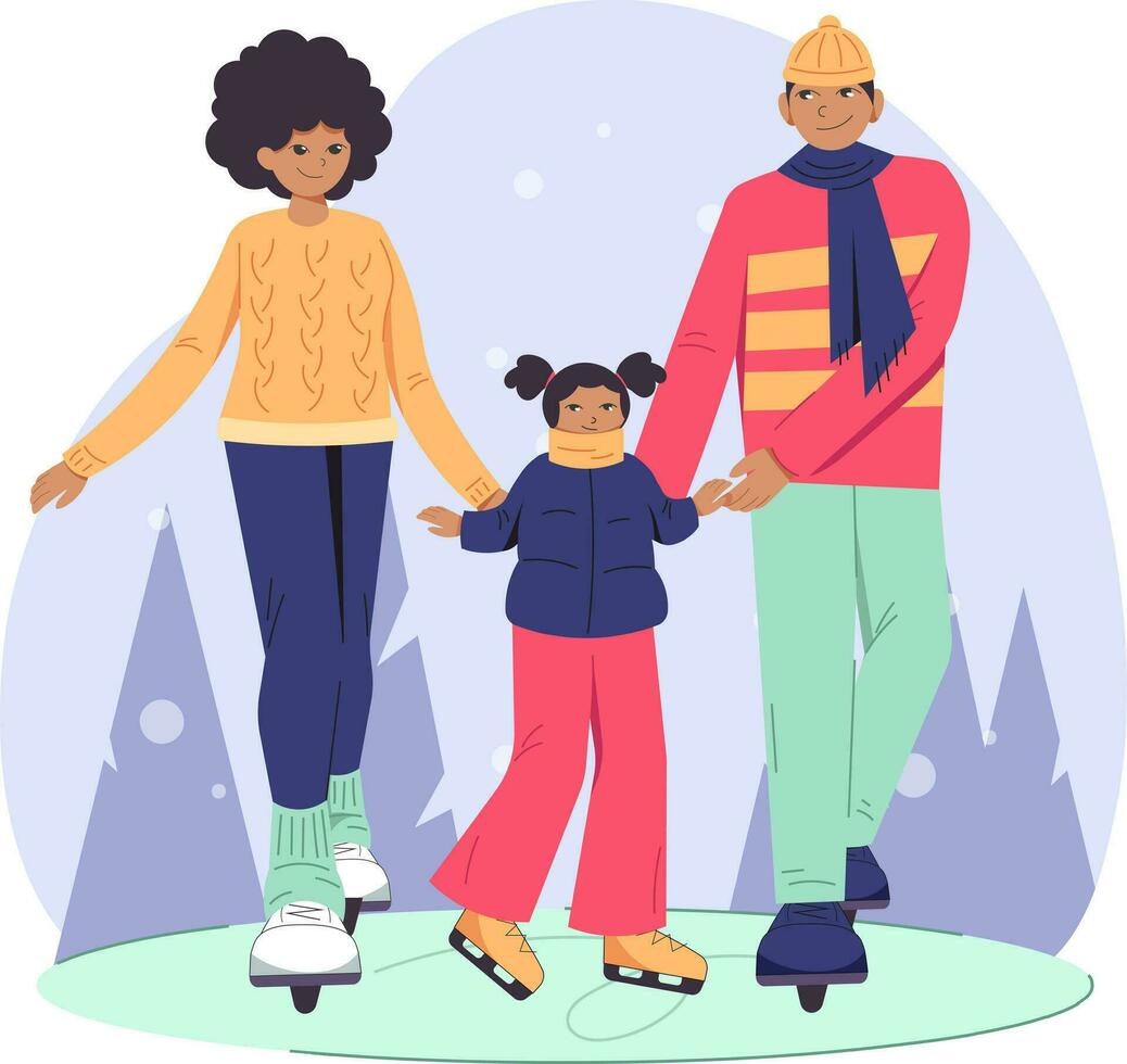 gelukkig familie van zwart mensen Aan ijs schaatsen. meisje, mam en vader Aan de ijs baan. vector beeld van vlak mensen voor winter spellen, evenementen