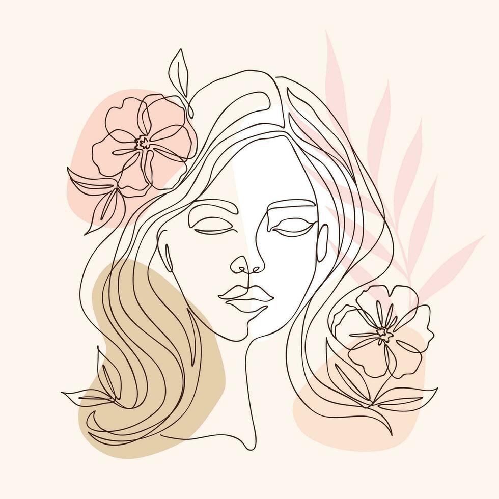 een lijn tekening van mooi meisje gezicht met bloemen. vector illustratie