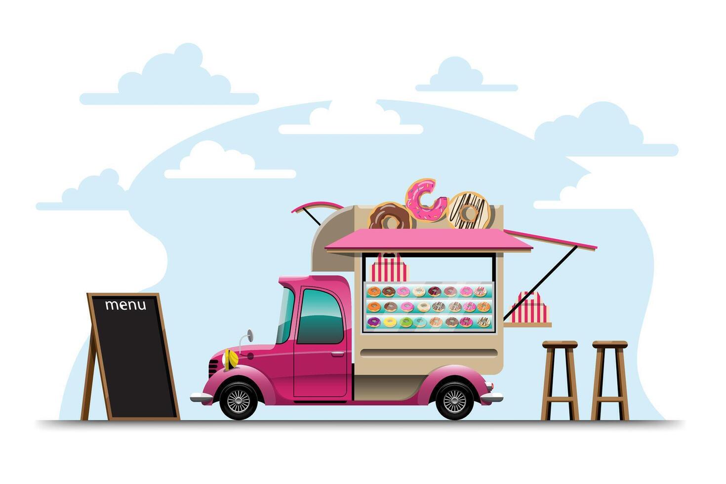 food truck met donut winkel tekening vector