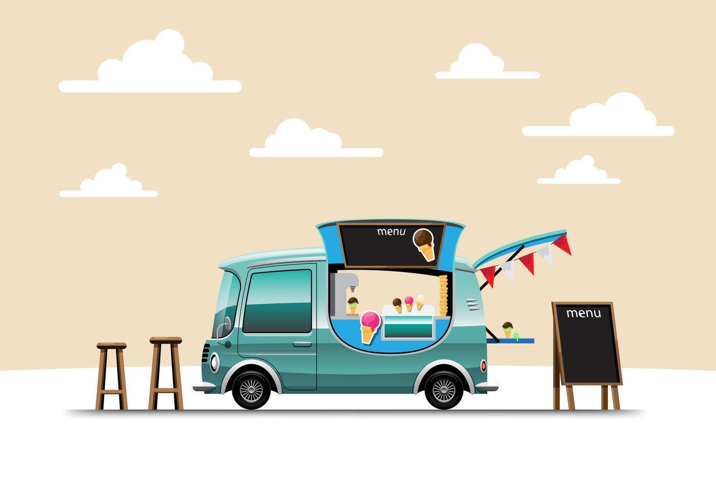 het zijaanzicht van de foodtruck met menu-ijs vector