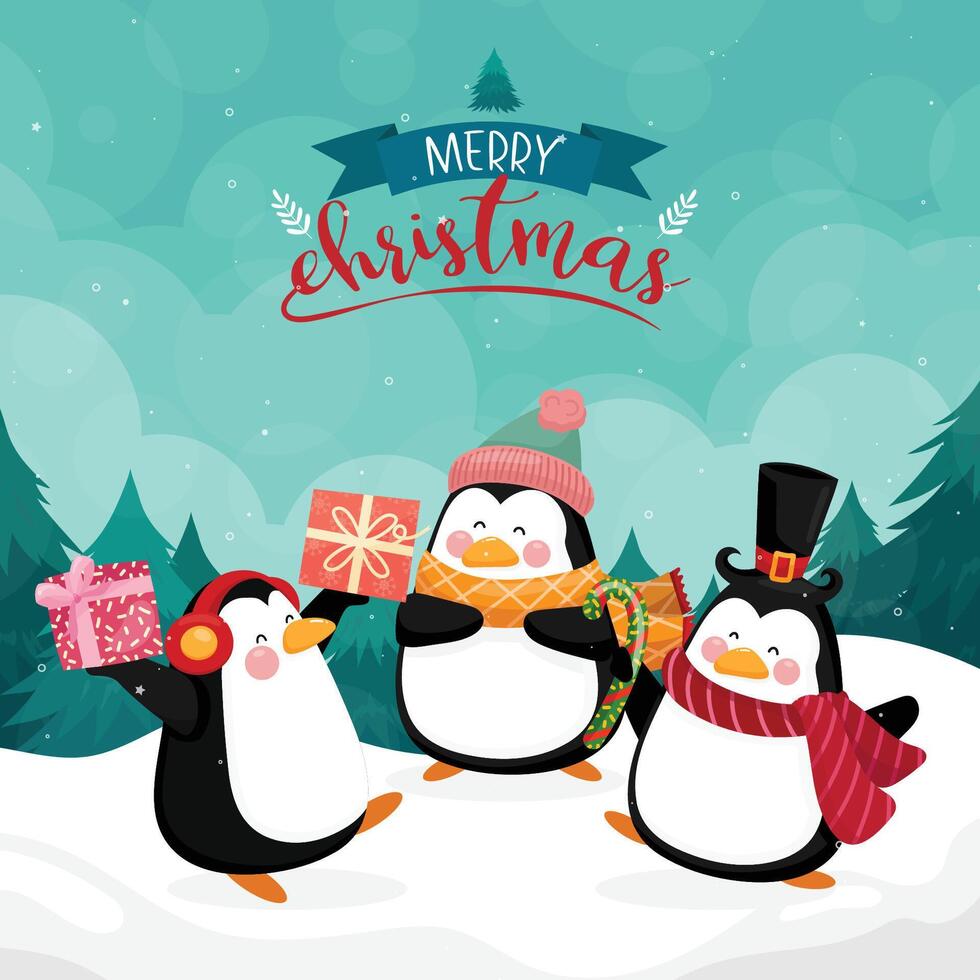 vrolijke kerstkaart met pinguïn op achtergrond met berg en dennen vector