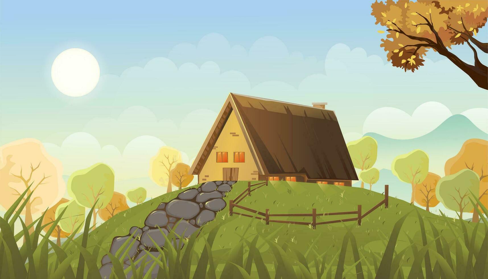voorjaar achtergrond met blauw lucht en wolk, vector tekenfilm dorp in zomer landsacape boerderij huis, groen gras veld, bloem, weide Aan heuvel met Woud boom en berg, natuur landelijk scènein platteland