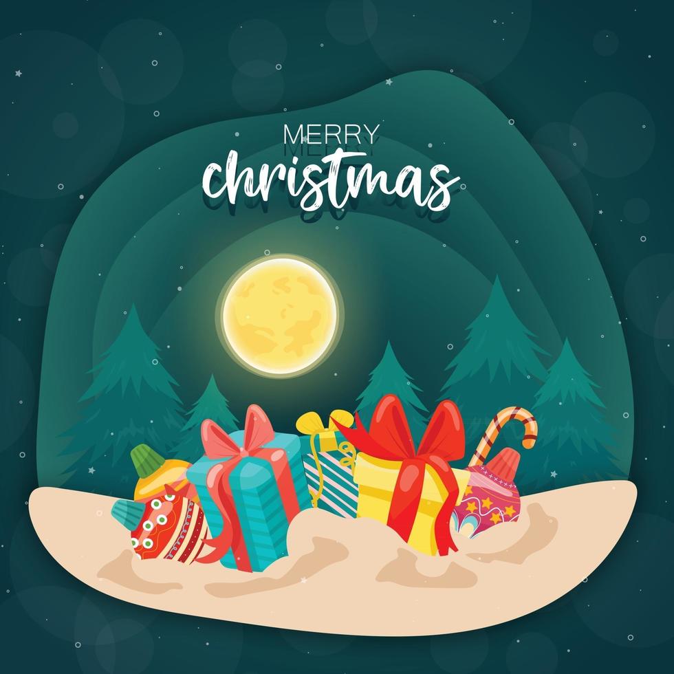 vrolijk kerstfeest met kleurrijke geschenkdozen en dennenboomachtergrond vector