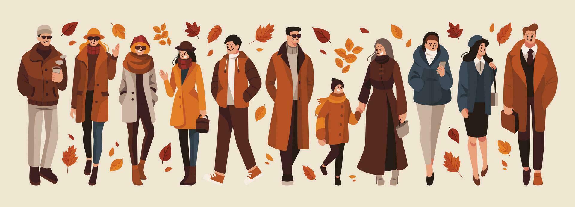 mensen in herfst mode met herfst bladeren verzameling vector illustratie