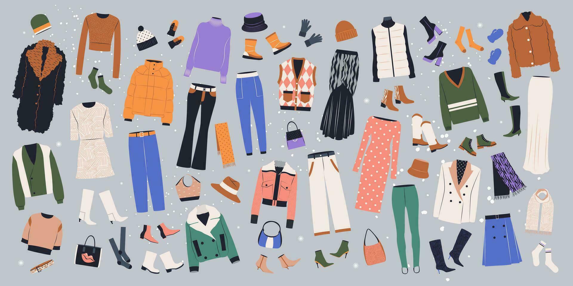 winter kleding, kledingstukken en accessoires set. vrouw kleding, jurken, broek, schoenen, handschoenen, jassen, truien, hoeden in gewoontjes stijl. vlak grafisch vector illustraties geïsoleerd Aan wit achtergrond