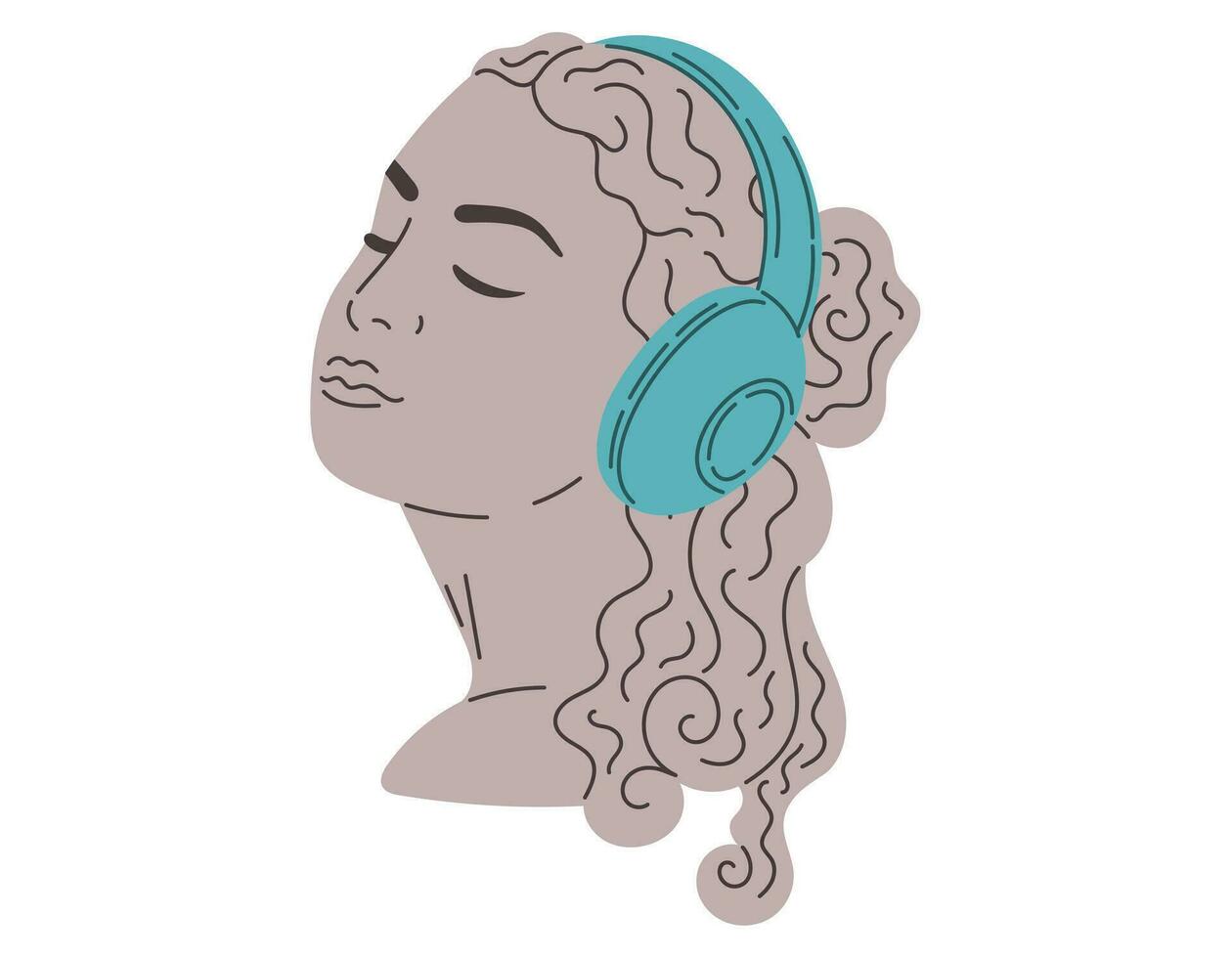 antiek vrouw hoofd. klei oud Grieks vrouw standbeeld vervelend hoofdtelefoons luisteren naar muziek. vector geïsoleerd vlak illustratie, beeldhouwwerk portret.