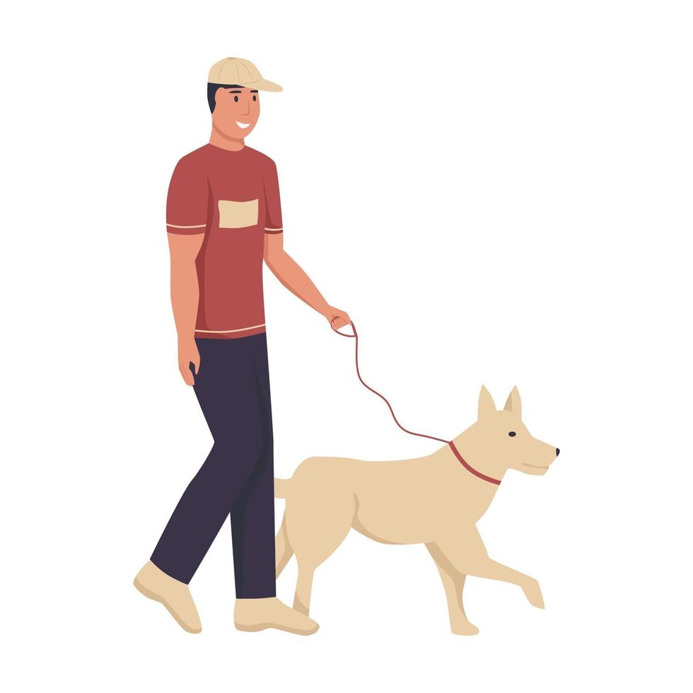 een jonge man loopt met een hond op straat. platte vectorillustratie. vector