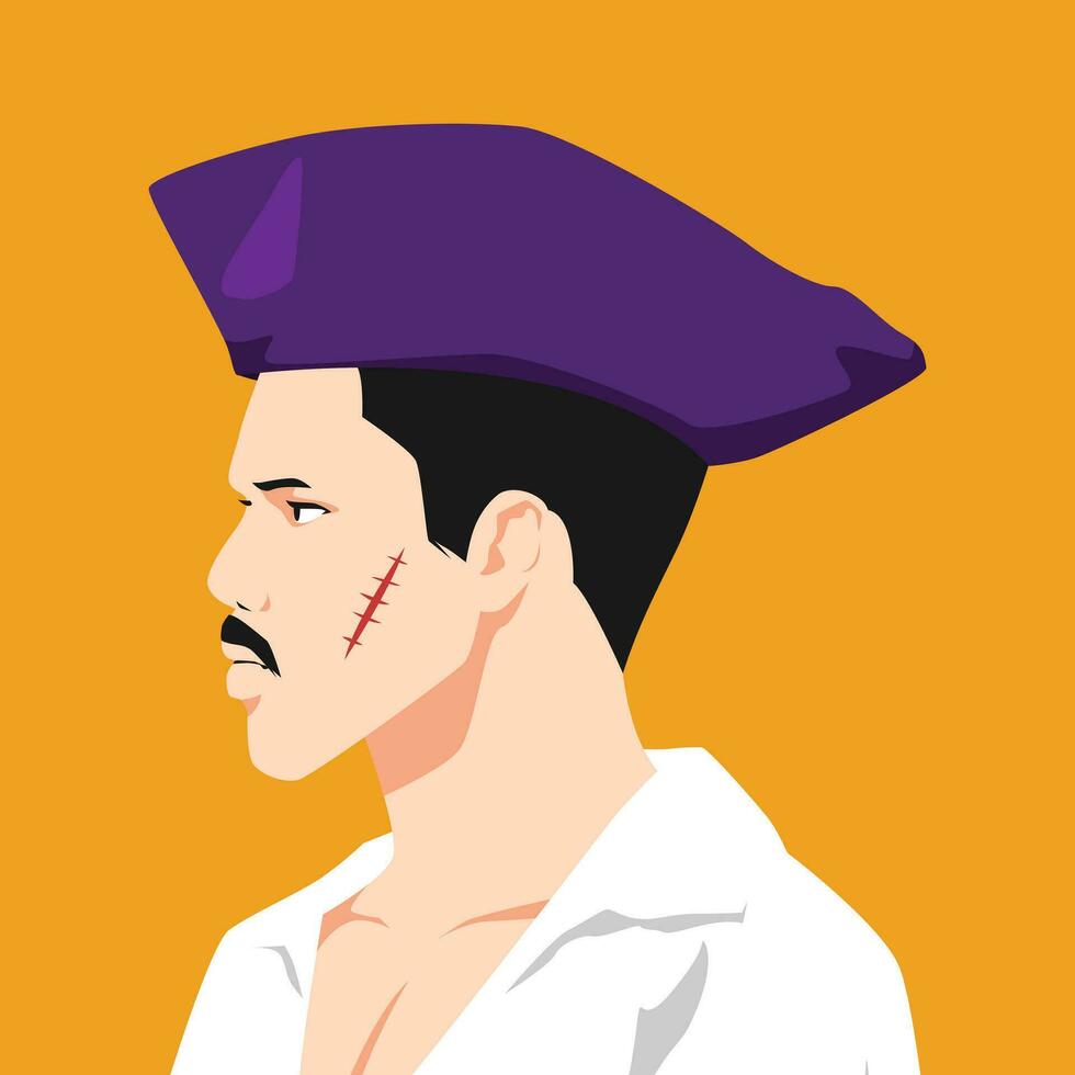 portret van Mens vervelend tricorn hoed, piraat hoed en heeft een litteken Aan zijn wang. voor halloween, avatar, sociaal media profiel, afdrukken. vlak vector illustratie.