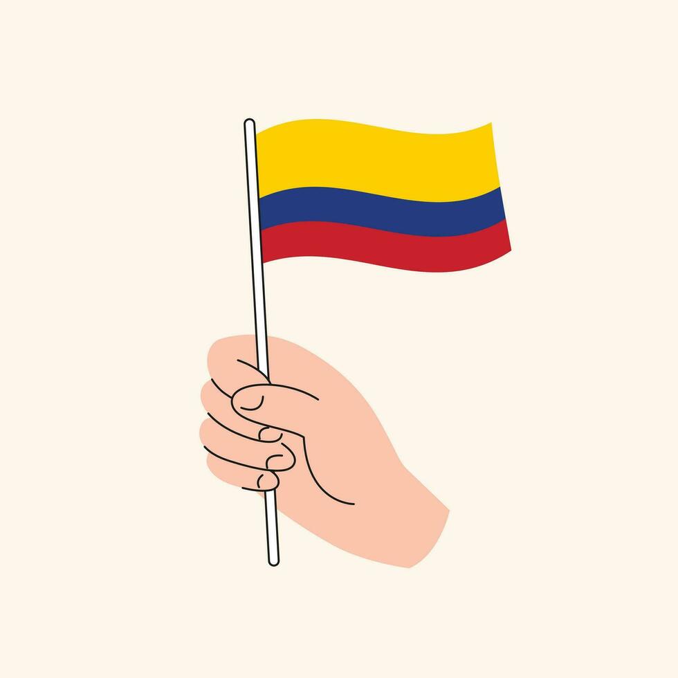 tekenfilm hand- Holding Colombiaanse vlag, geïsoleerd vector tekening.