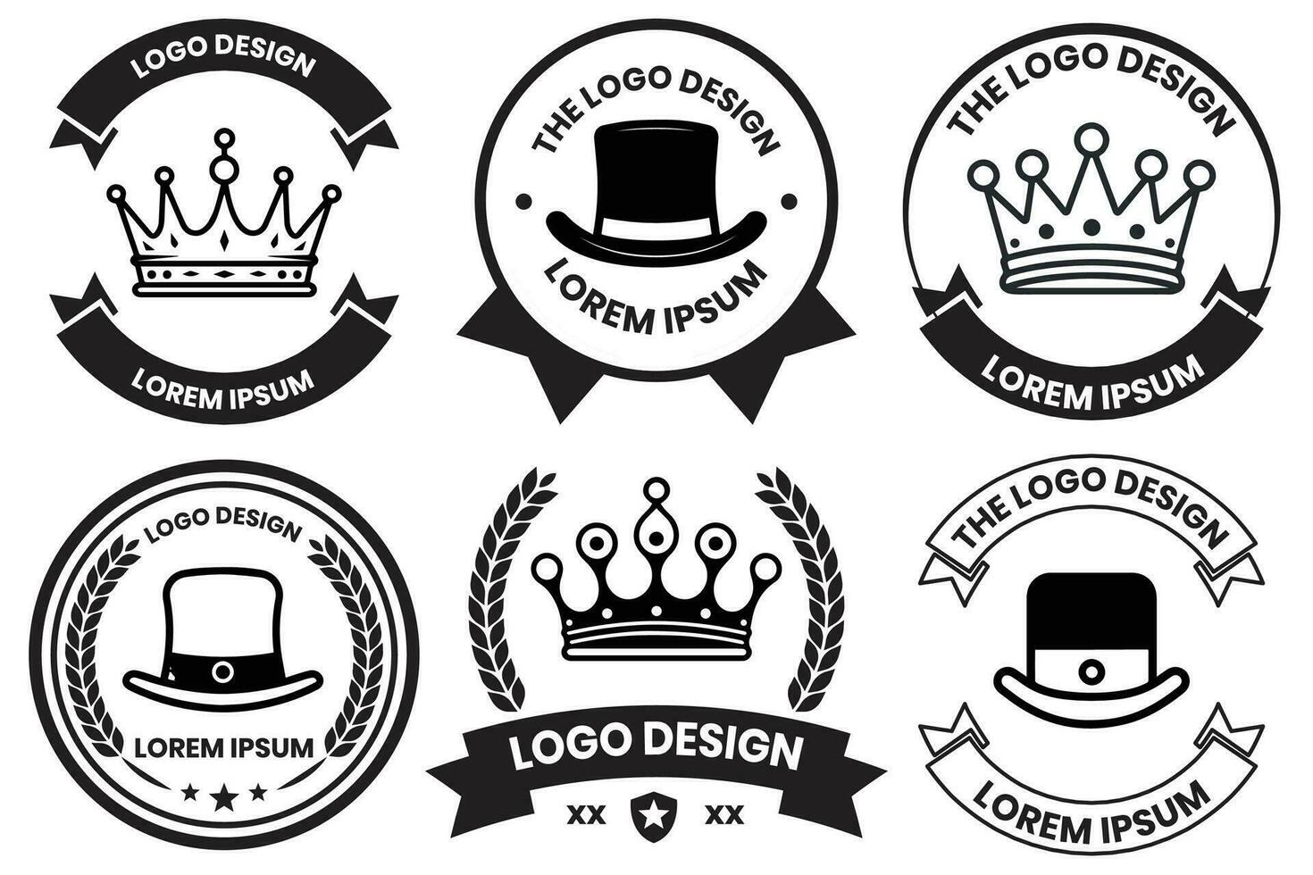 hoed en kroon logo in vlak lijn kunst stijl vector