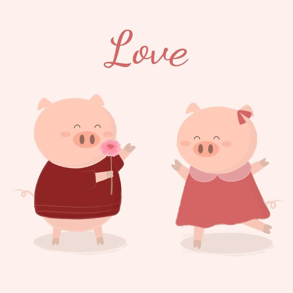 schattig varken paar geeft roos met liefde vector cartoon dier verliefd