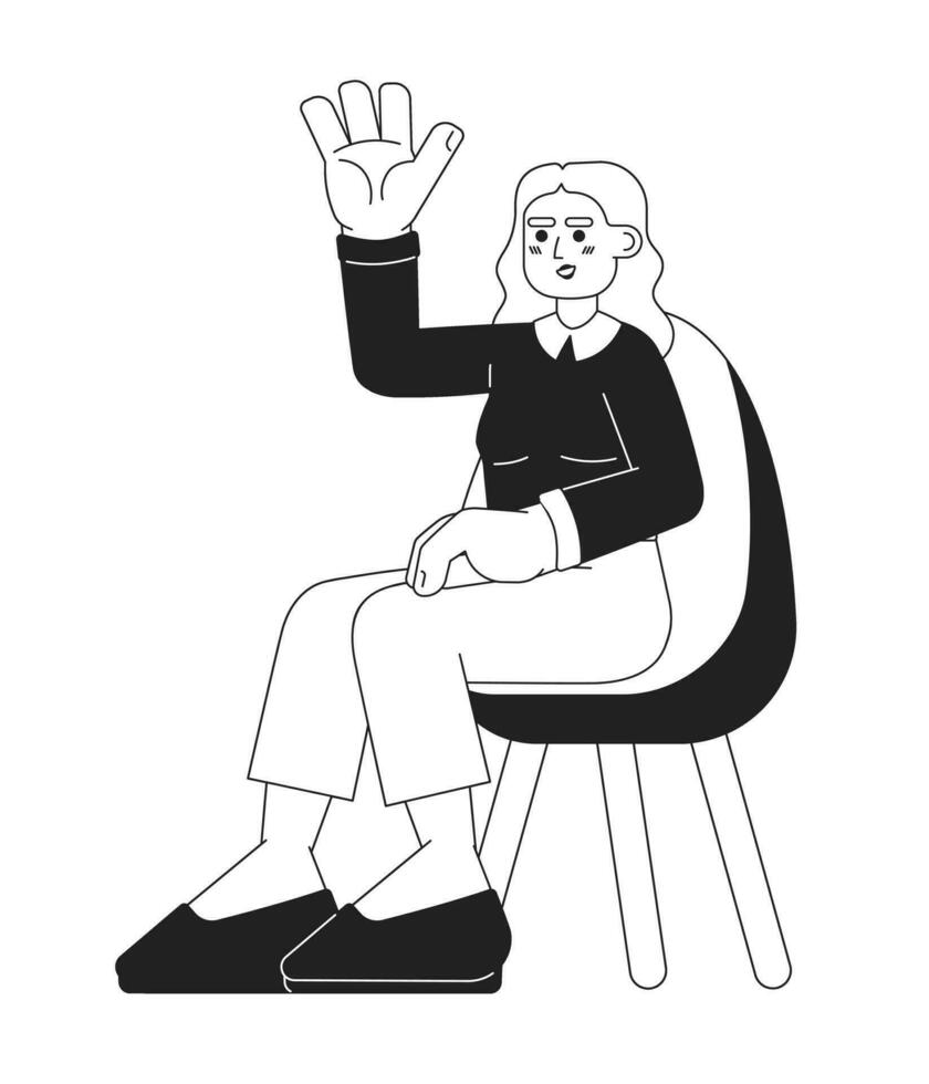 midden- oostelijk jong vrouw verhogen hand- omhoog zwart en wit 2d tekenfilm karakter. vrouw webinar deelnemer geïsoleerd vector schets persoon. lezing luisteraar meisje monochromatisch vlak plek illustratie