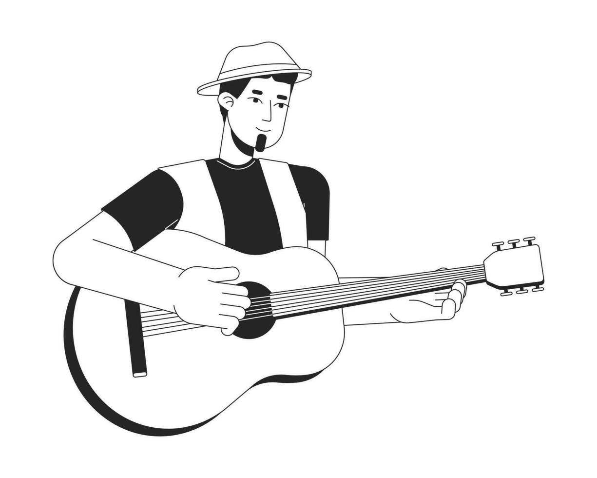 musicus spelen akoestisch gitaar zwart en wit 2d lijn tekenfilm karakter. Kaukasisch vent Holding instrument geïsoleerd vector schets persoon. gitarist prestatie monochromatisch vlak plek illustratie