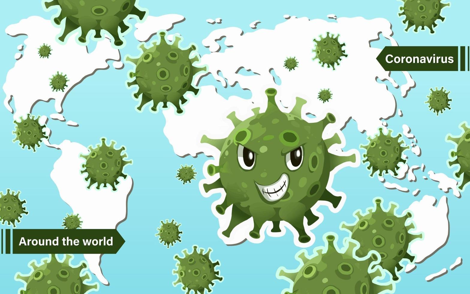 stripfiguur van coronavirus op wereldkaart vectorillustratie vector