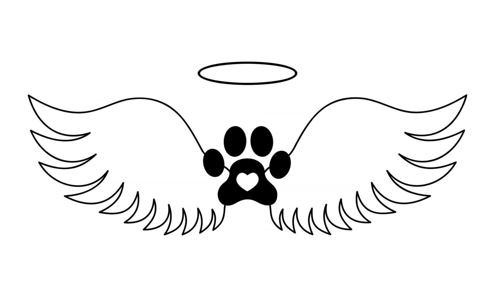 hondenpoot met binnen engelenvleugels, halo en hart. huisdier gedenkteken concept. afdrukbaar en snijdbaar grafisch ontwerp voor tatoeage, tshirt, geheugenkaart, grafsteen vector