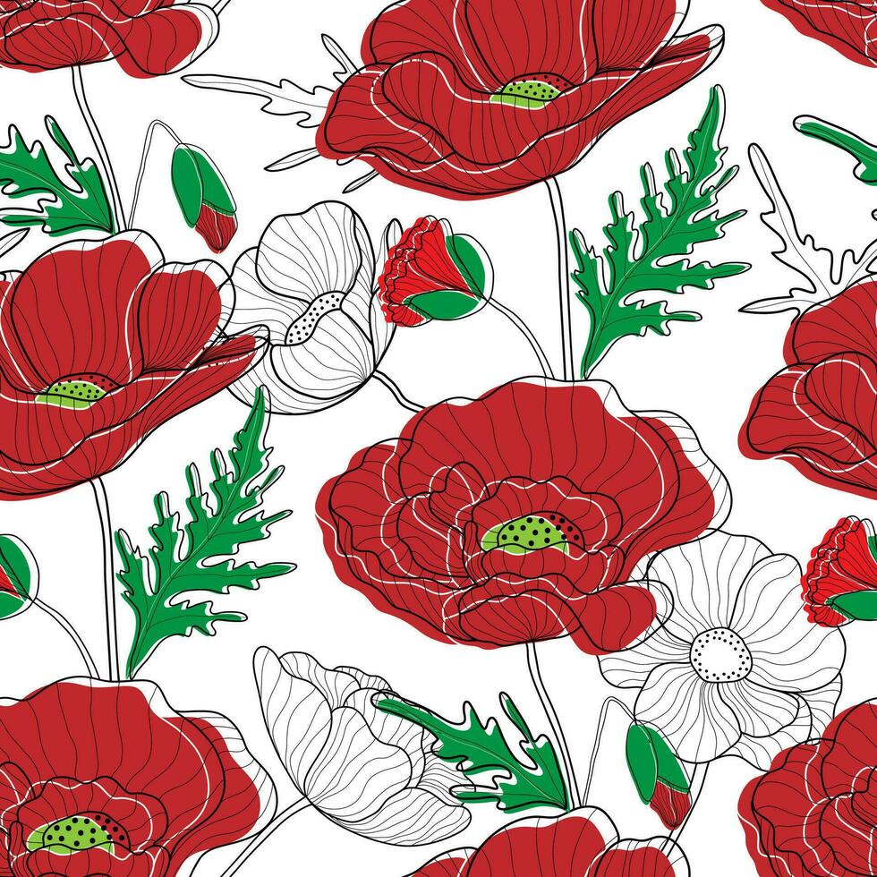 klaprozen naadloos patroon. rood klaprozen Aan wit achtergrond. bloemen afdrukken voor textiel, achtergronden, kleding stof en omhulsel papier. vector