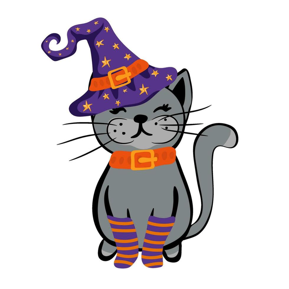 schattig kat in spookachtig kleding van heks. halloween kat kostuum partij vector