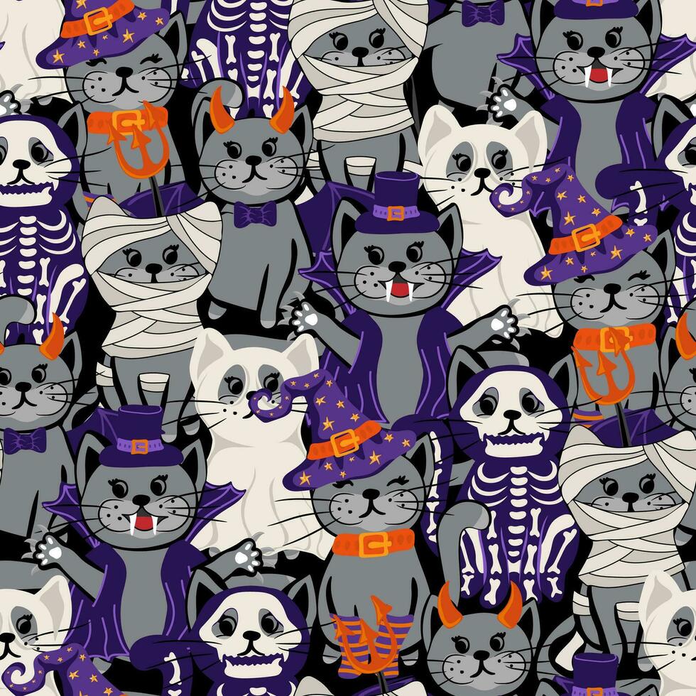 halloween naadloos patroon met schattig katten in spookachtig outfits. grappig vakantie structuur perfect voor geschenk inpakken, huis decor en textiel. vector