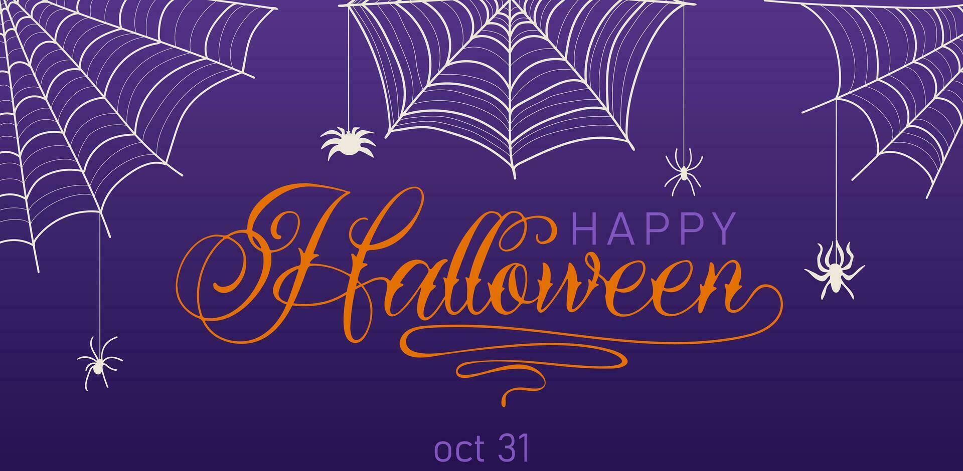 gelukkig halloween banier of partij uitnodiging achtergrond. vakantie ontwerp met spin en spin web vector