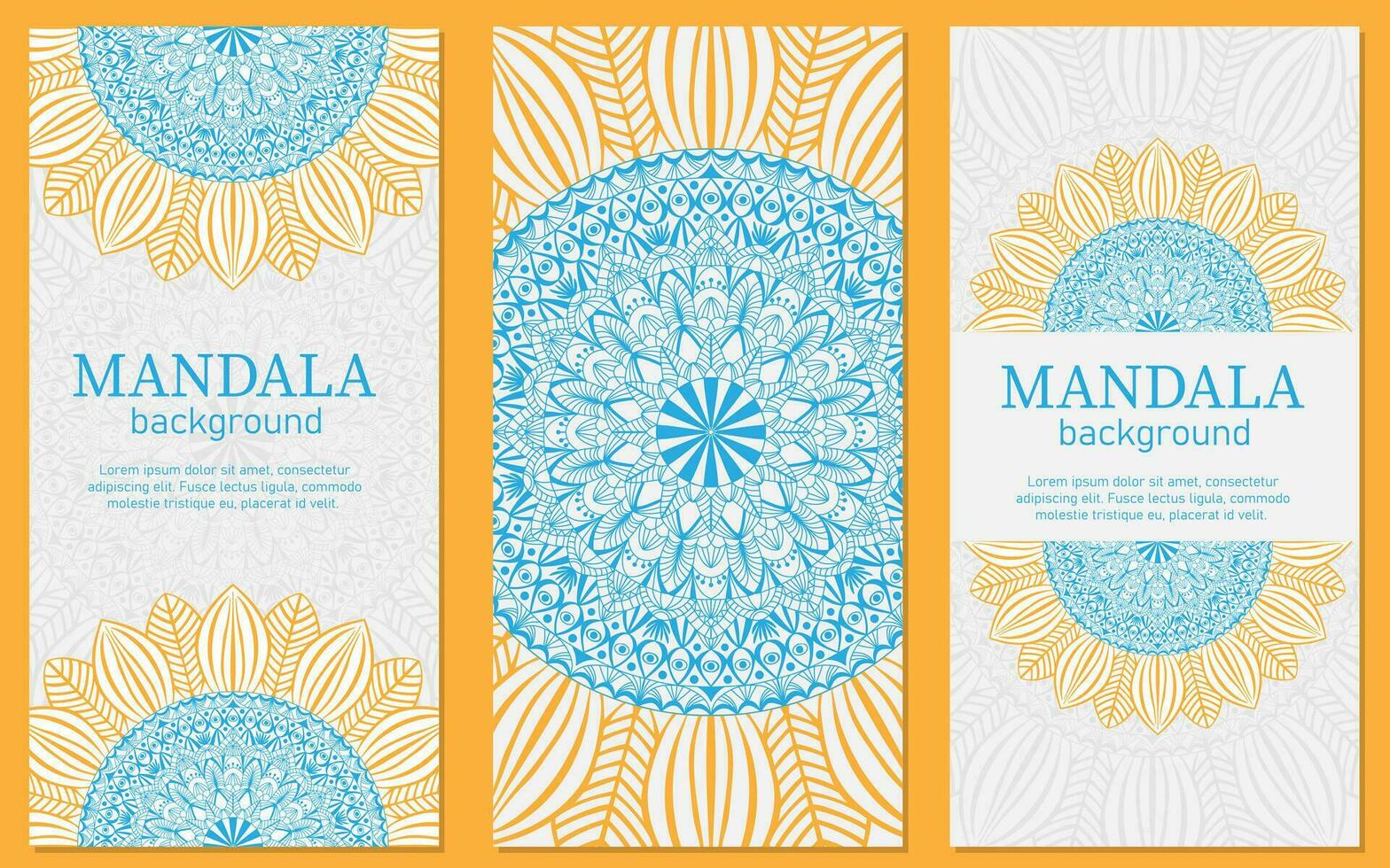 reeks van kleurrijk kaarten met de beeld van een circulaire zonnebloem mandala voor afdrukken, poster, omslag, brochure, folder, spandoek. vector