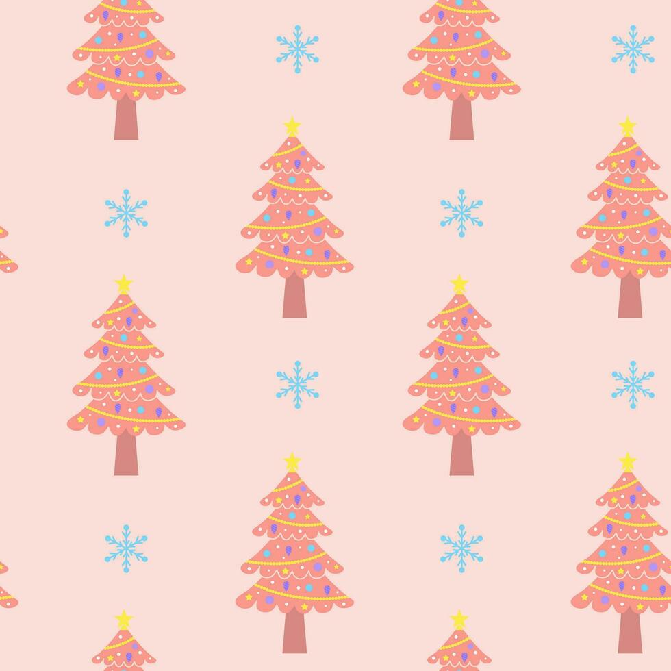 roze Kerstmis boom en sneeuwvlokken naadloos patroon. winter vakantie aantrekkingskracht decoratief omhulsel papier. vector