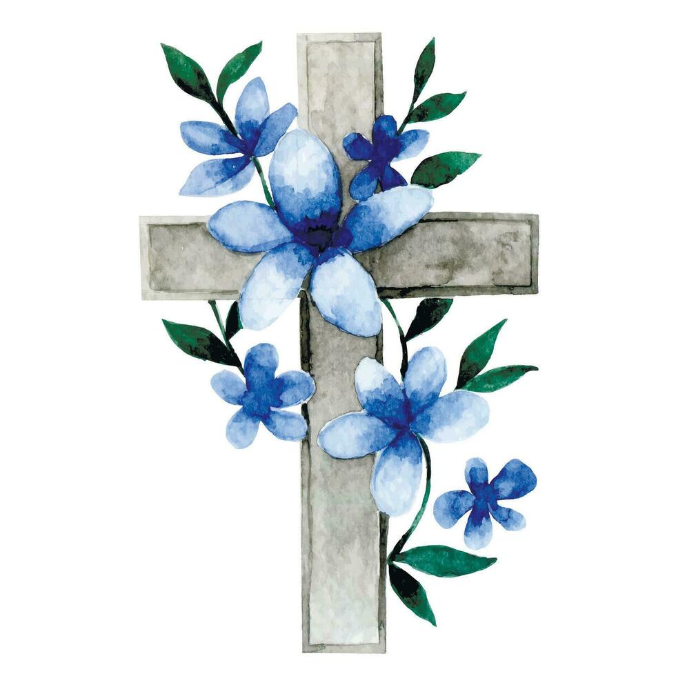waterverf tekening, christen kruis met bloemen. religieus symbool, Pasen vakantie. vector