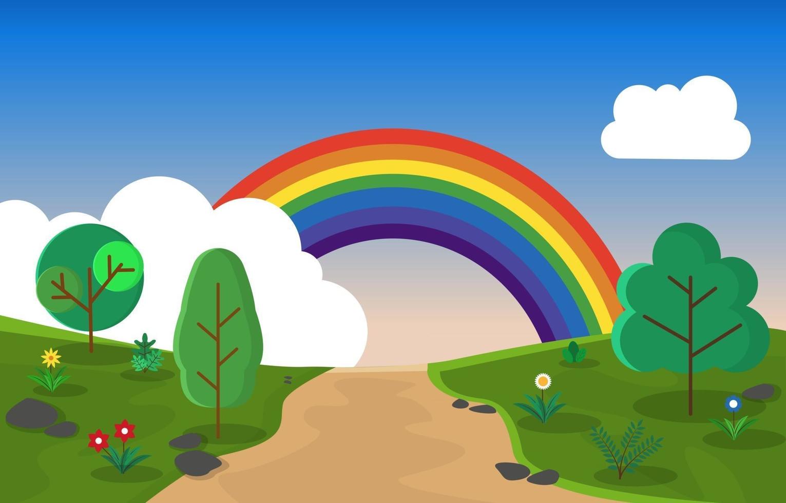 mooie regenboog zomer heuvels straat natuur landschap illustratie vector