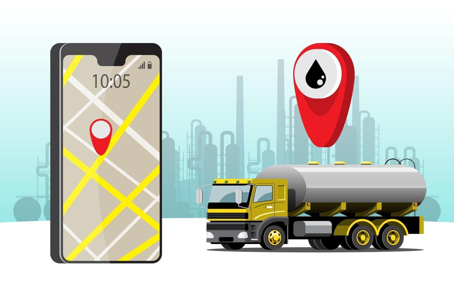 grote geïsoleerde voertuig vector kleurrijke pictogrammen, platte illustraties van levering per busje via gps-tracking locatie. bestelwagen, gas, benzine, brandstoflevering, onmiddellijke levering, online levering.