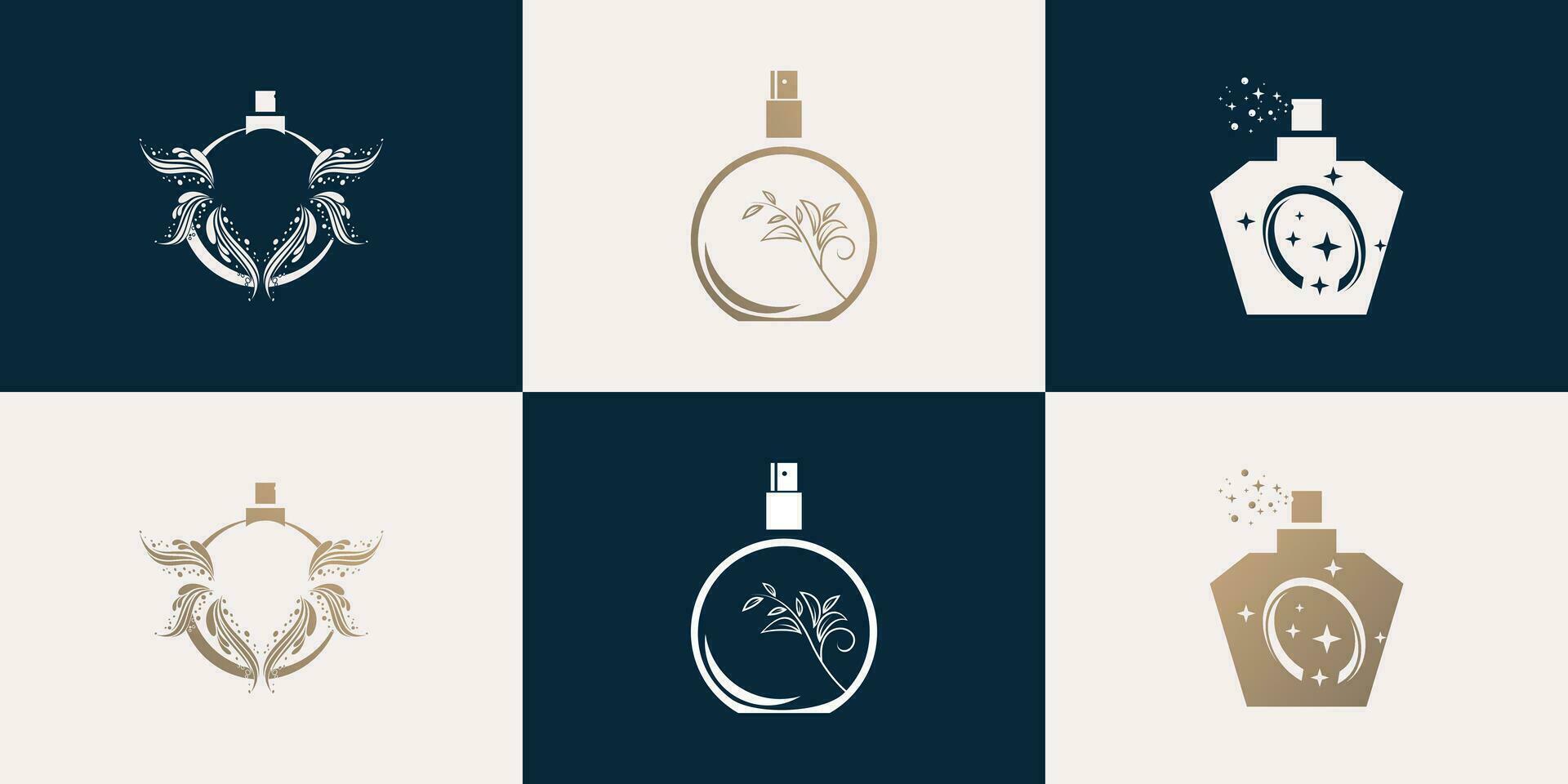 luxe parfum fles logo en bedrijf kaart ontwerp. flessen parfum verstuiven logo met schoonheid bloem premie vector