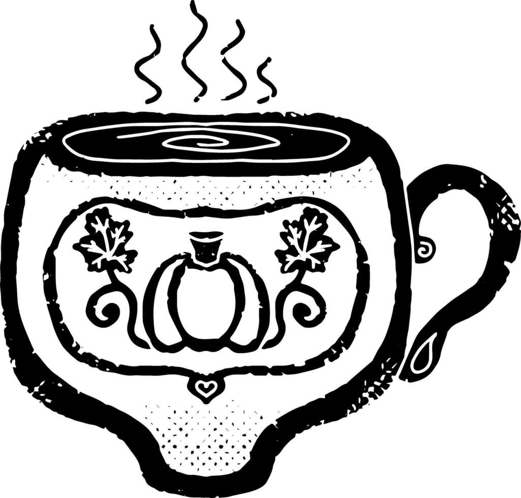 een zwart en wit tekening van een kop van koffie vector