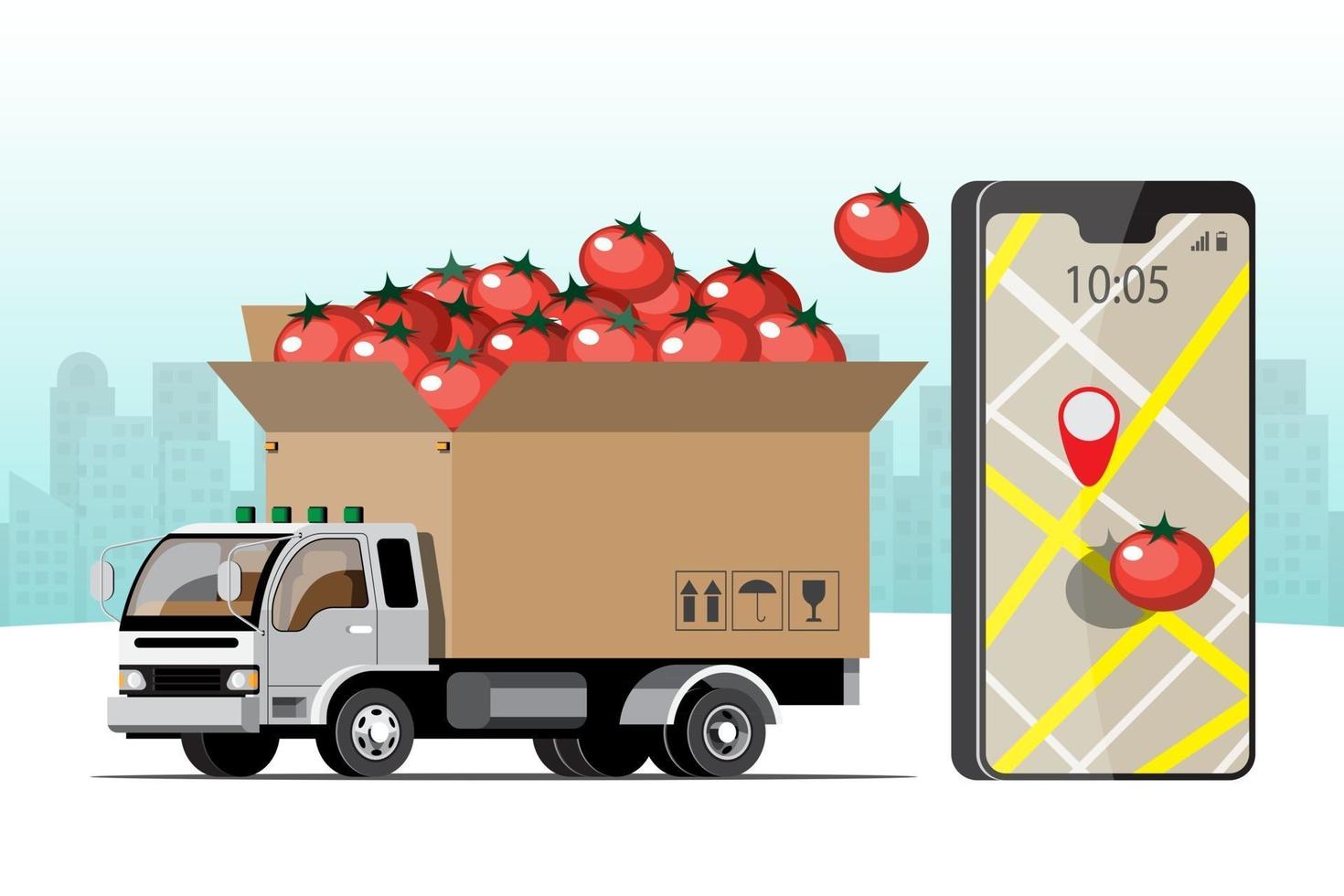 grote geïsoleerde voertuig vector kleurrijke pictogrammen, platte illustraties van levering per busje via gps-tracking locatie. leveringsvoertuig, levering van goederen en eten, onmiddellijke levering, online levering.