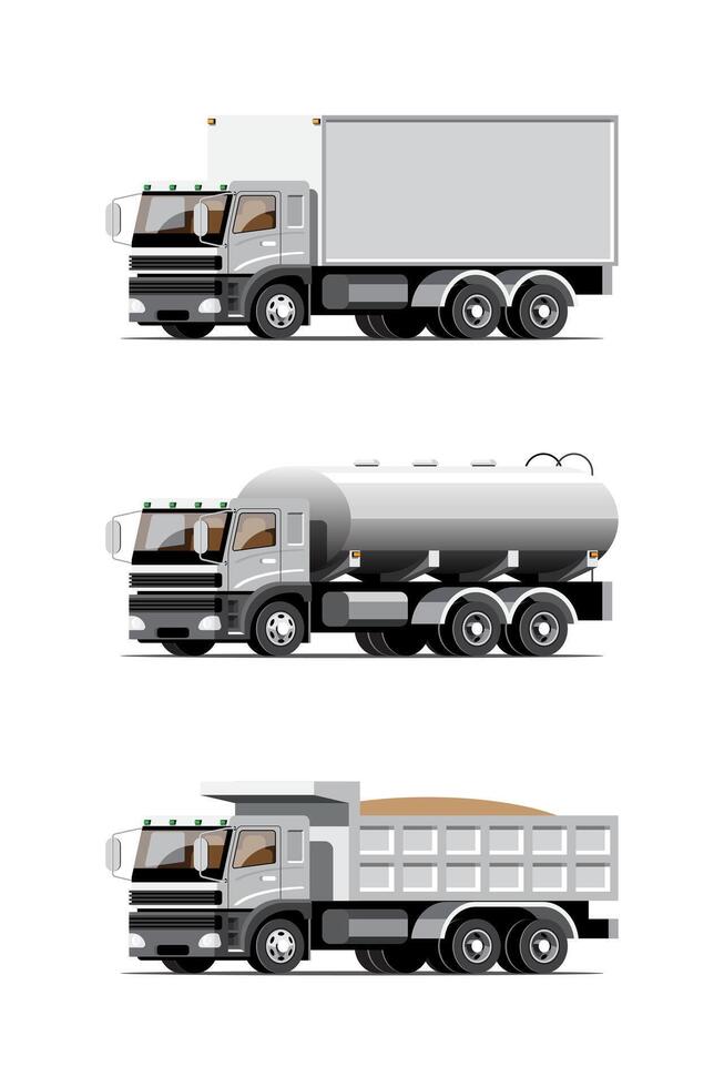 grote geïsoleerde voertuig vector kleurrijke iconen set, platte illustraties van verschillende type vrachtwagen, logistiek commercieel vervoer concept.