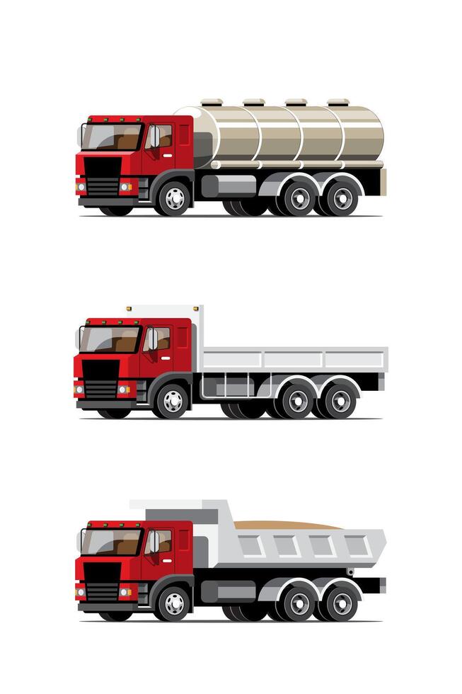 grote geïsoleerde voertuig vector kleurrijke iconen set, platte illustraties van verschillende type vrachtwagen, logistiek commercieel vervoer concept.