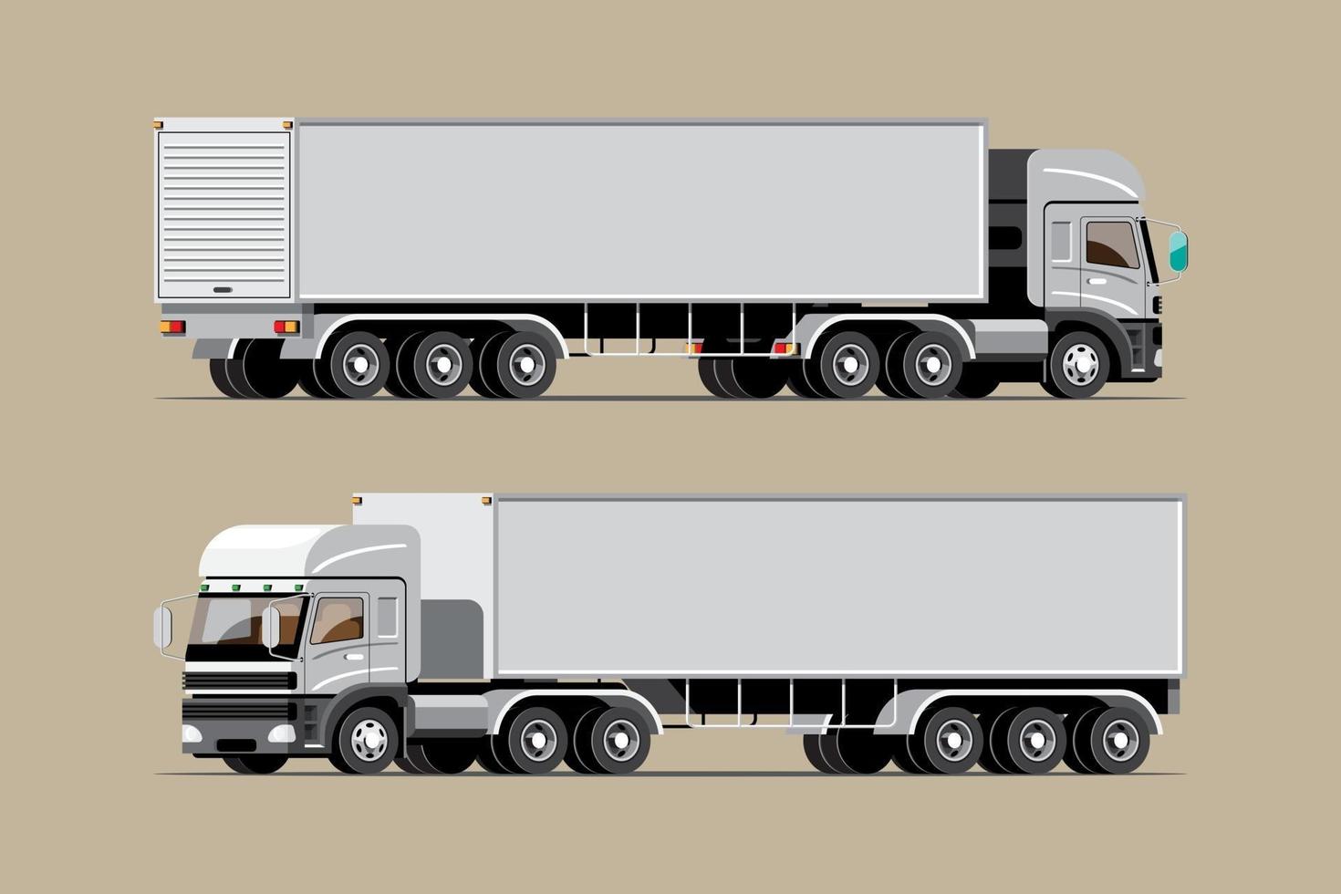 grote geïsoleerde voertuig vector iconen set, platte illustraties verschillende weergave van vrachtwagen, logistiek commercieel vervoersconcept.