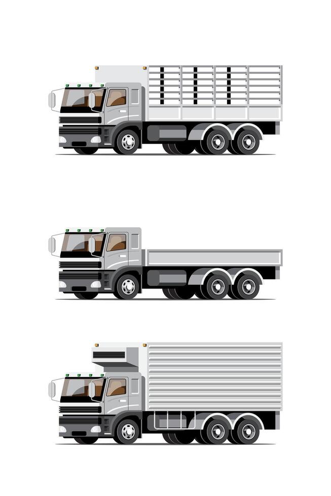 grote geïsoleerde voertuig vector kleurrijke iconen set, platte illustraties van verschillende type vrachtwagen, logistiek commercieel vervoer concept.