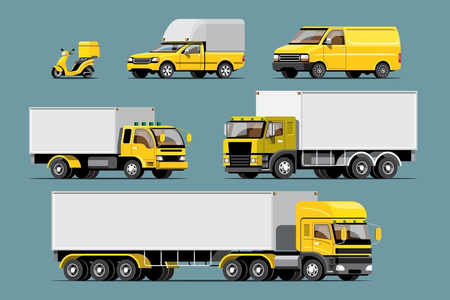grote geïsoleerde voertuig vector kleurrijke iconen set, platte illustraties van verschillende type vrachtwagen, logistiek commercieel vervoer concept.