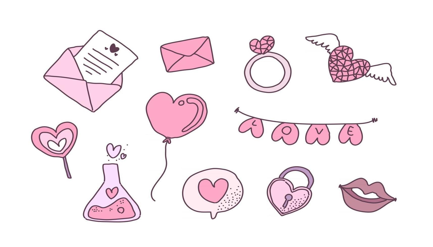 verzameling van grote geïsoleerde handgetekende liefdeselementen in Valentijn concept, platte vectorillustratie voor Valentijnsdag uitnodigingskaarten en pagina decoratie page vector