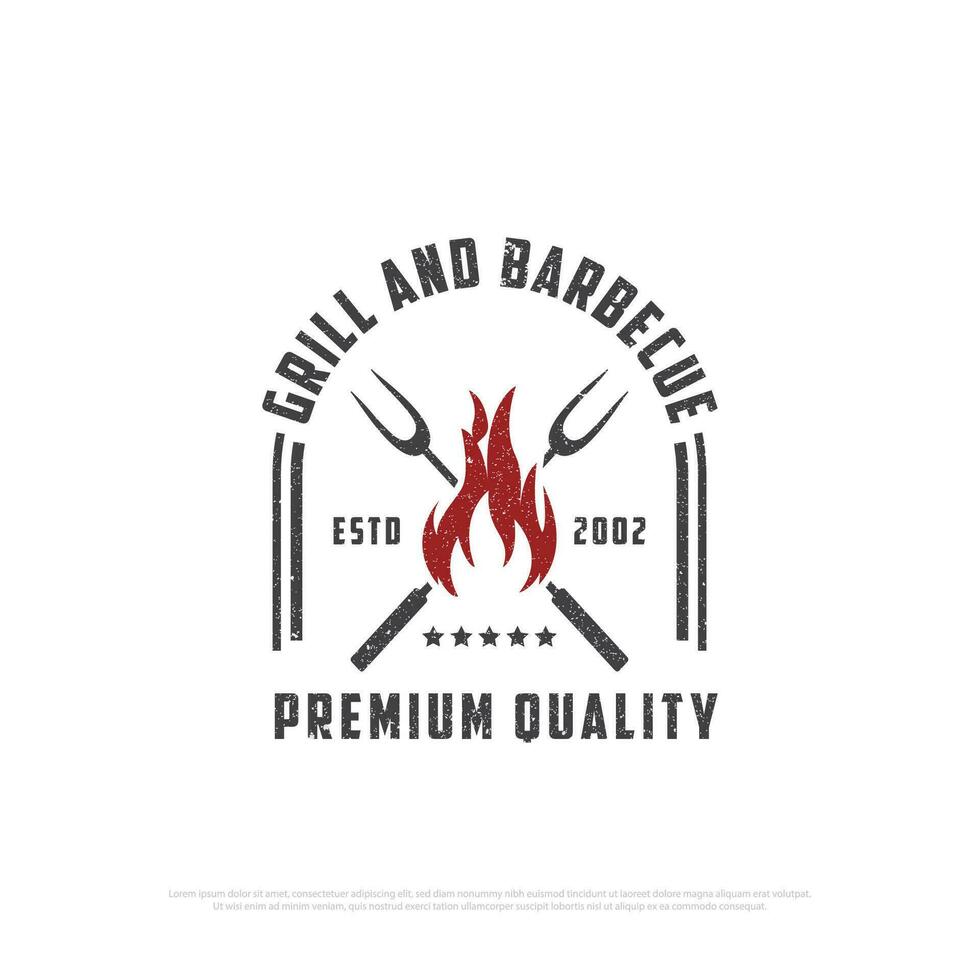 rooster huis barbecue logo ontwerp met grunge stijl, retro bbq vector, barbecue bar en restaurant icoon, rood brand icoon vector illustratie