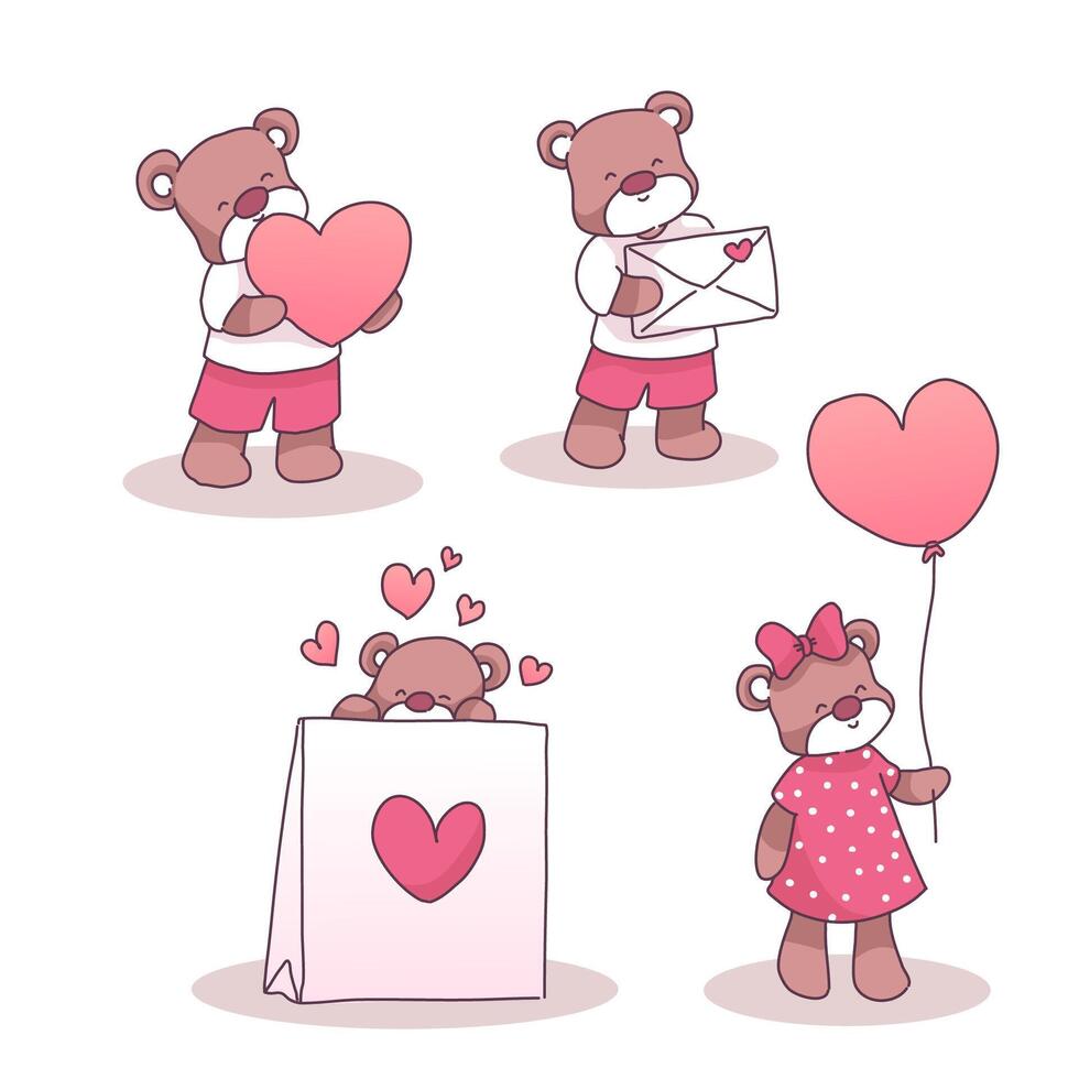 verzameling van grote geïsoleerde handgetekende liefdeselementen in Valentijn concept, beer in liefde, platte vectorillustratie voor Valentijnsdag uitnodigingskaarten en pagina decoratie vector