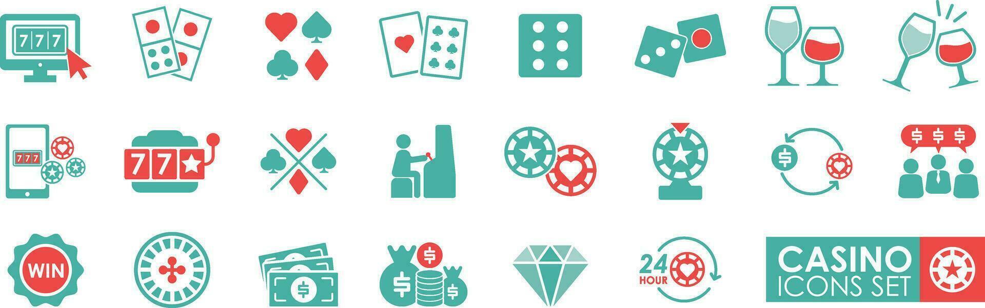 reeks van casino icoon, solide icoon stijl. het bevat spelen kaarten, schoppen, harten, diamanten, roulette, sleuf machines, casino chips, en geld. vector illustraties.