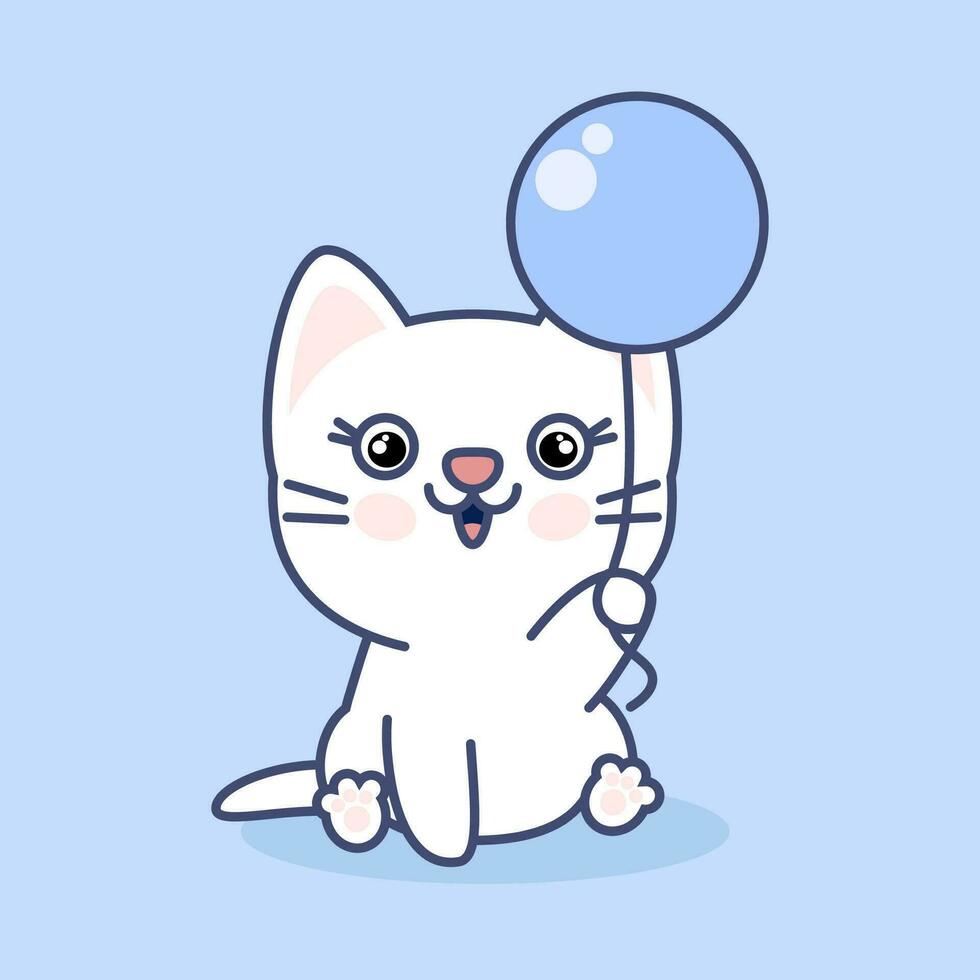 schattig wit kawaii kat met ballon vector