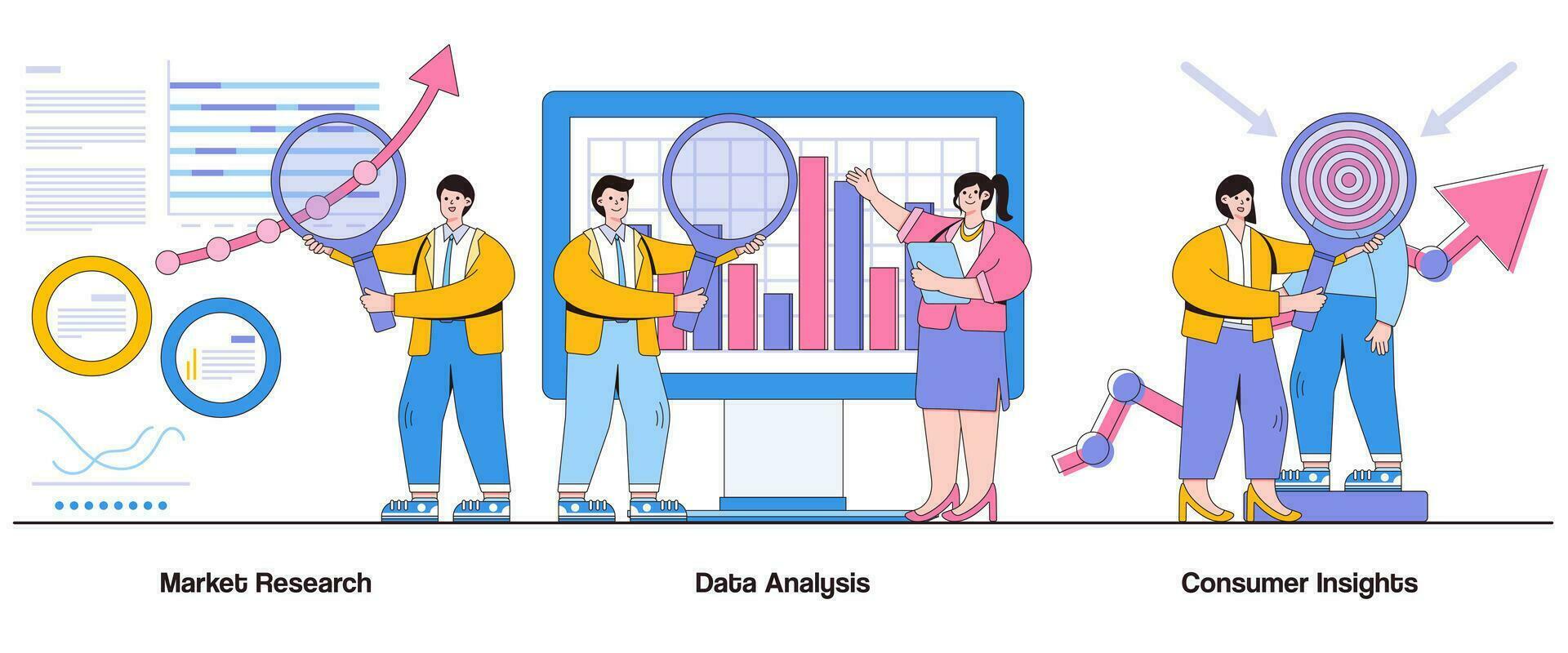 markt Onderzoek, gegevens analyse, klant inzichten concept met karakter. markt intelligentie- abstract vector illustratie set. neiging identificatie, markt mogelijkheden, strategisch besluitvorming