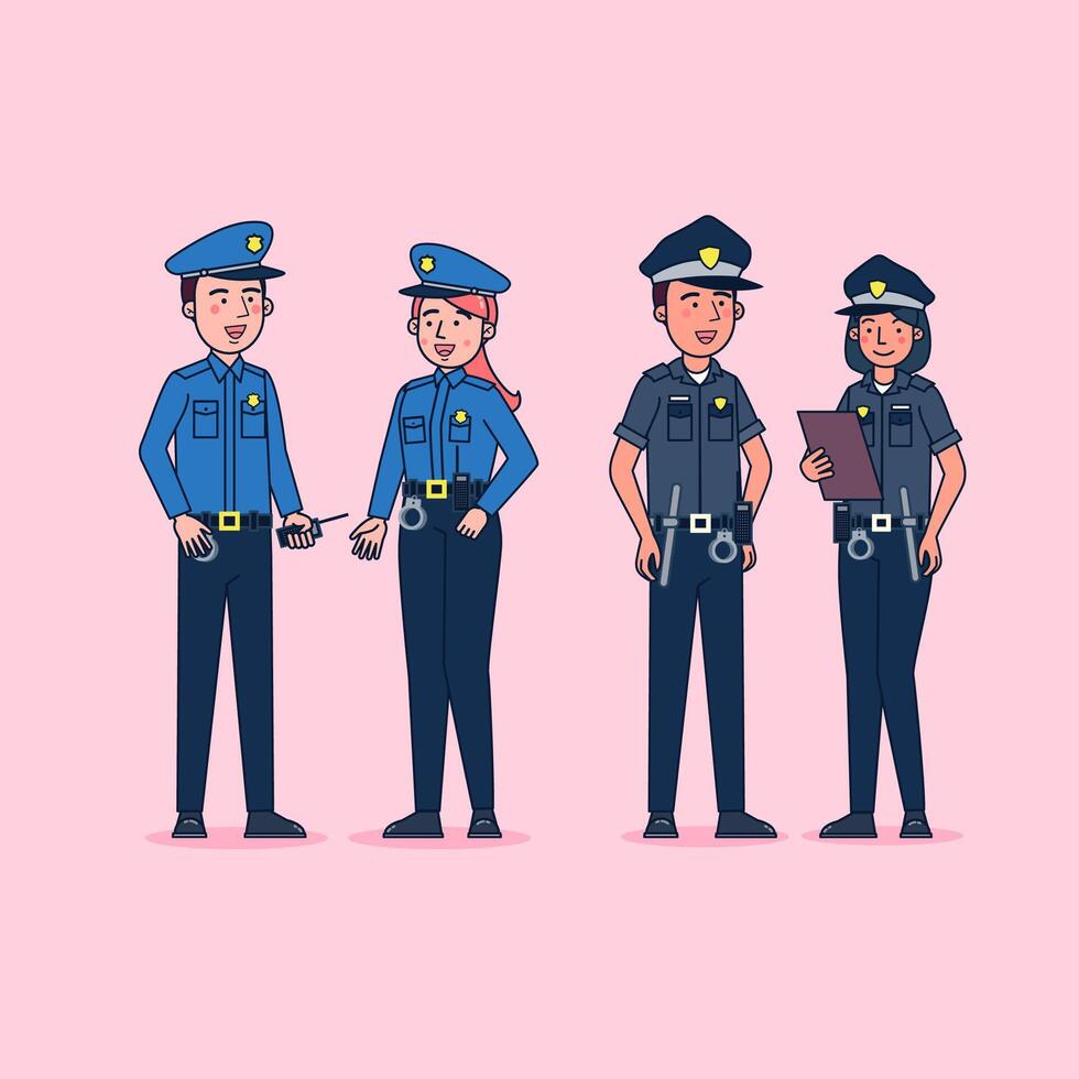 tekenverzameling van politie grote reeks geïsoleerde platte vectorillustratie die professioneel uniform, cartoonstijl draagt. vector