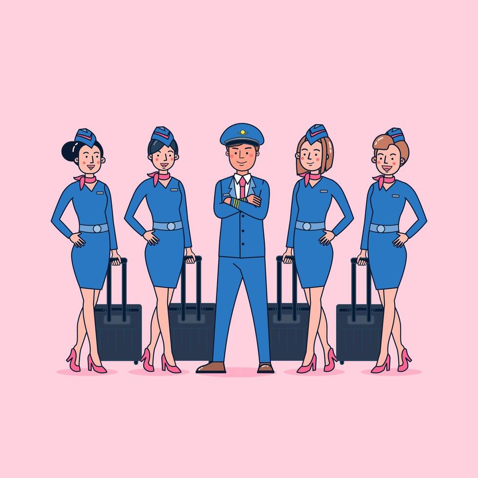 karakterverzameling van piloot en stewardess grote set geïsoleerde platte vectorillustratie met professioneel uniform, cartoonstijl vector