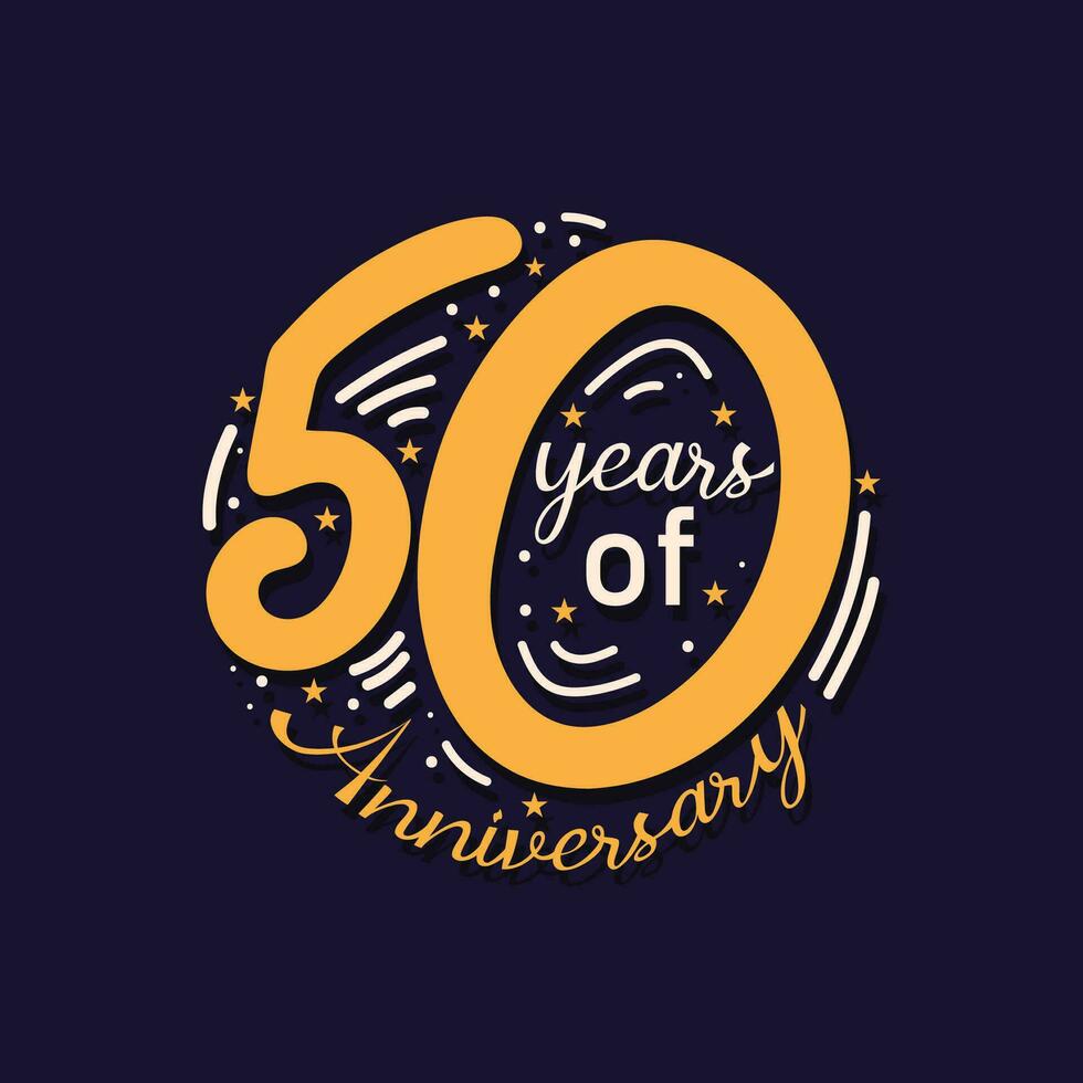 50 jaren van verjaardag logo, hand- getrokken belettering vector illustratie met vieren elementen. 50 th verjaardag vector sjabloon ontwerp.