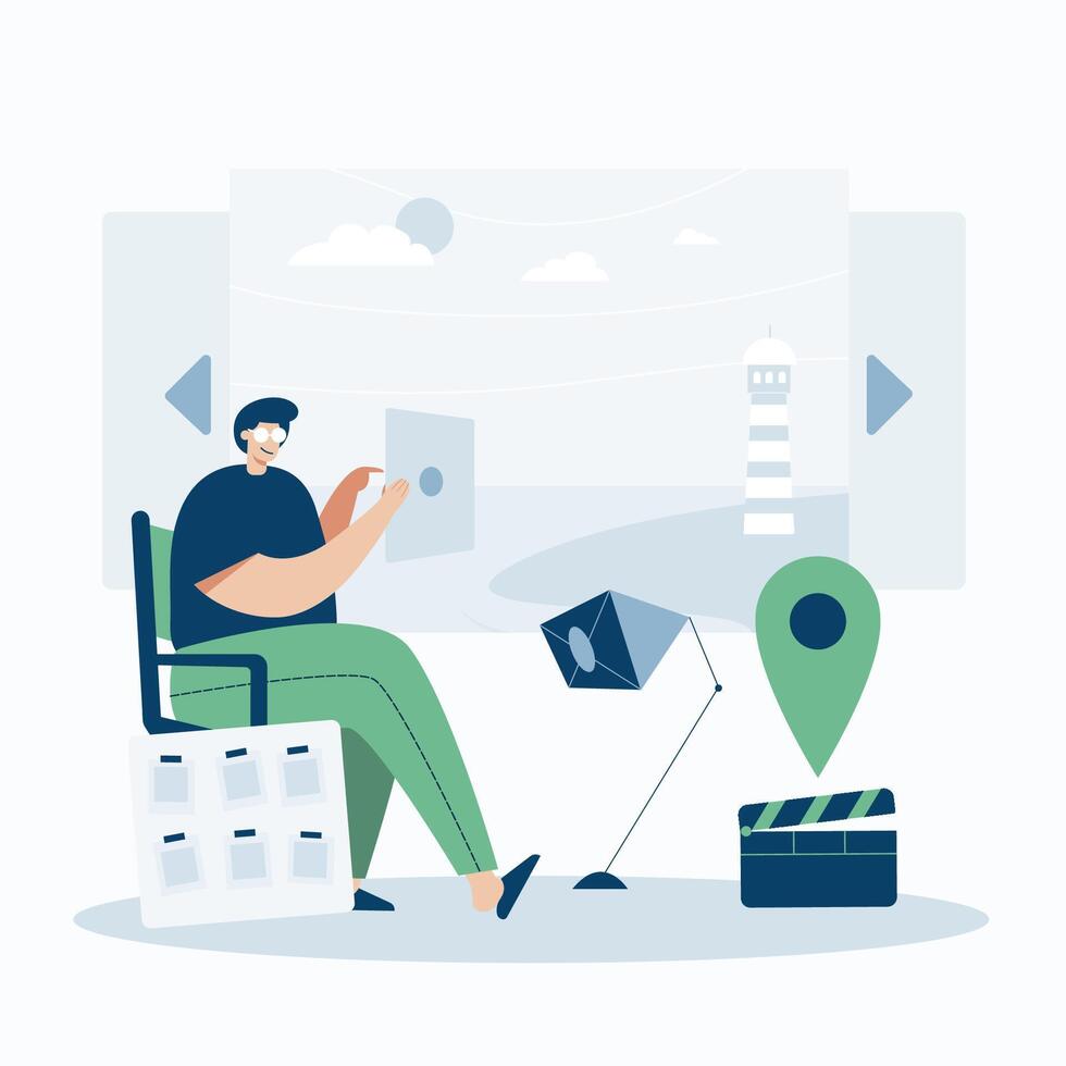 videographer werken met video websjabloon, cartoon stijl scherm websjabloon voor mobiele telefoon, bestemmingspagina, sjabloon, ui, web, mobiele app, poster, banner, platte vectorillustratie vector