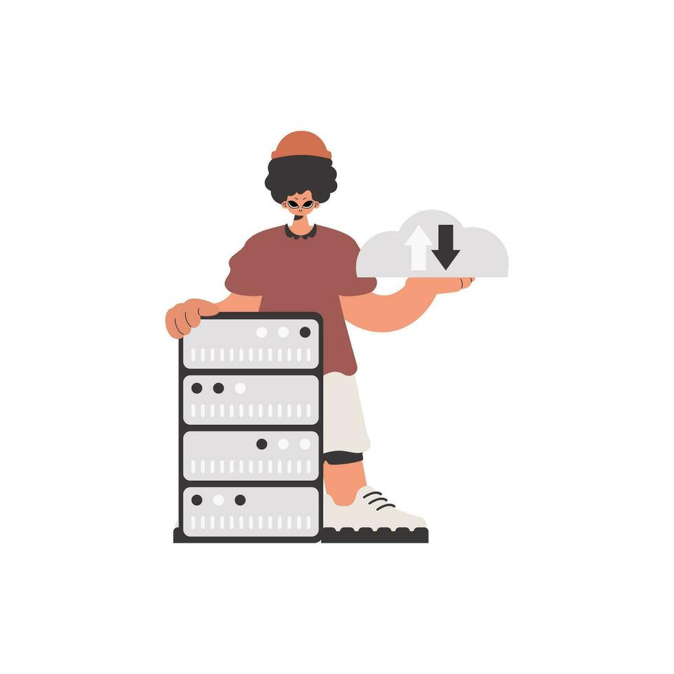 de jongen is Holding een gegevens wolk en een server. beperkt. modieus stijl, vector illustratie