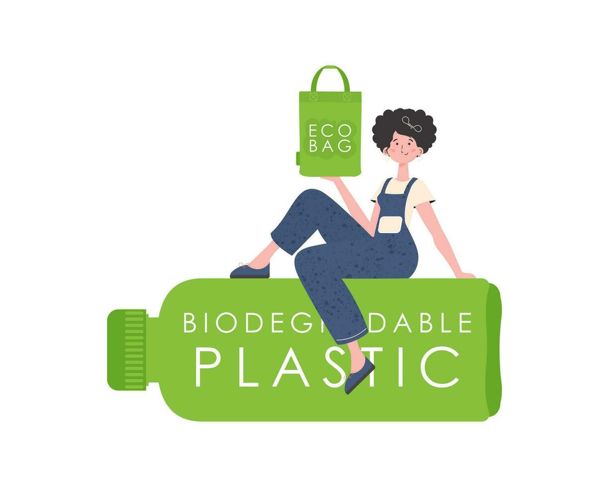 een vrouw zit Aan een fles gemaakt van biologisch afbreekbaar plastic en houdt een eco zak in haar handen. concept van groen wereld en ecologie. geïsoleerd Aan wit achtergrond. neiging stijl.vector illustratie. vector