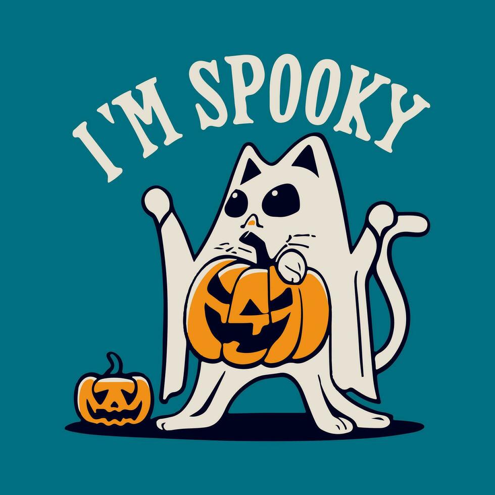 goochelaar kat in spookachtig geest halloween kostuum Holding een gesneden pompoen vector